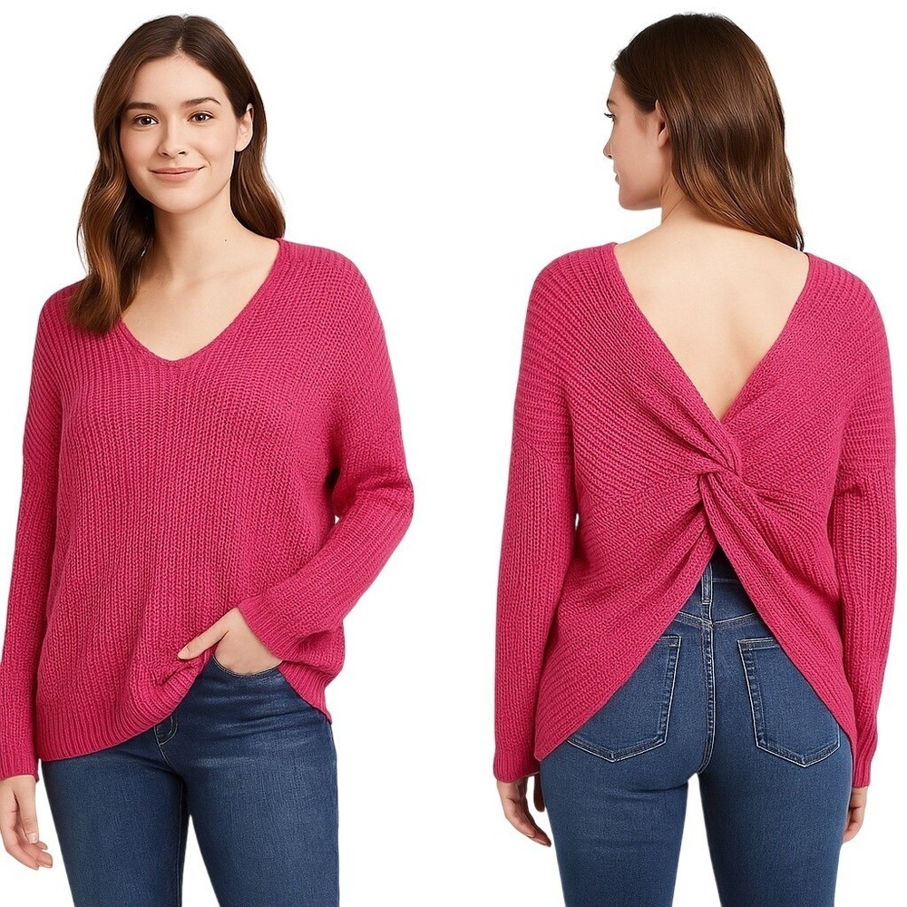 Miami Francescas Medium Magenta Knot Back V Neck Sweater Barbiecore Pullover New